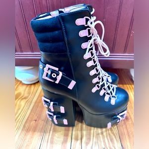Forget You black and pink buckle platform boots Dolls Kill